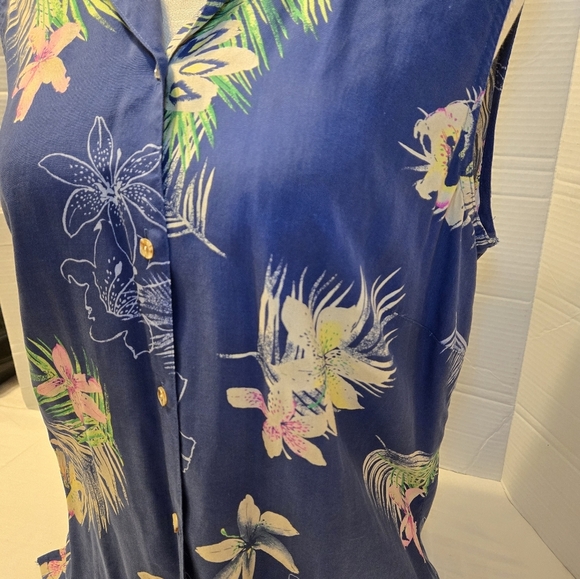 LIZ CLAIBORNE 100% Silk Shirt Sz L Blue Floral Casual Fresh Vacation Sleeveless - Picture 4 of 9